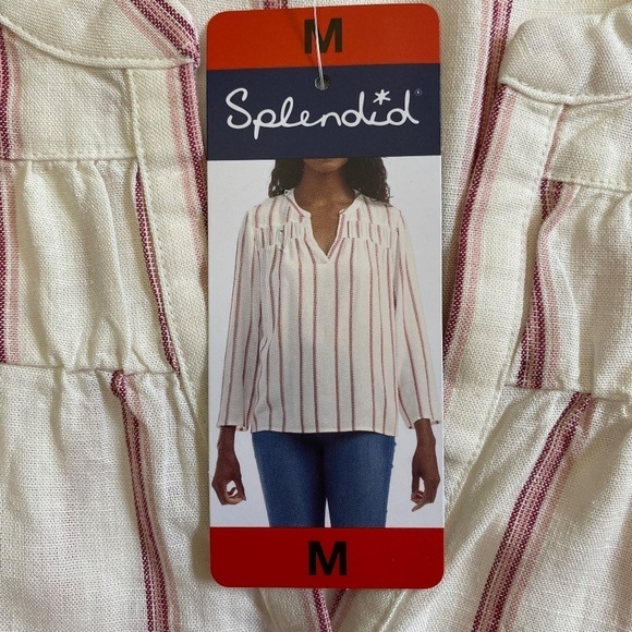 Splendid V-Neck Blouse, Ivory with Vertical Red/Pink Stripes, Medium NWT - Picture 2 of 10